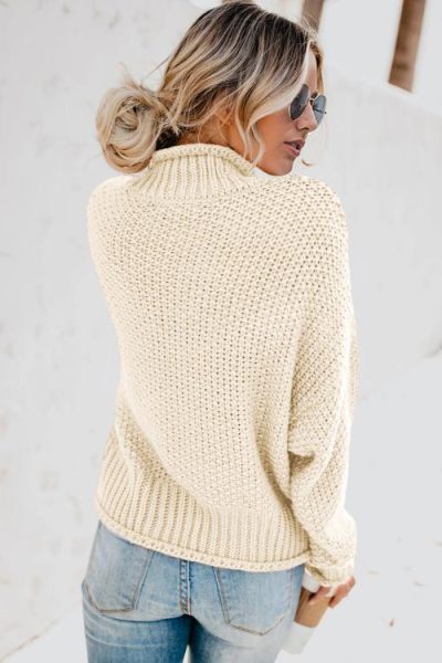 Rosario Women's Turtleneck Long Batwing Sleeve Oversized Chunky Sweater White