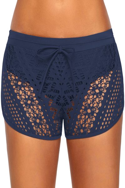 Mesa Womens Hollow Out Lace Side Split Waistband Swim Short Bottom Black