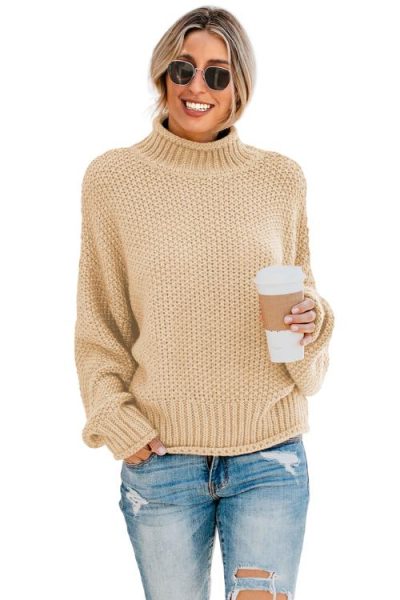 Rosario Women's Turtleneck Long Batwing Sleeve Oversized Chunky Sweater White