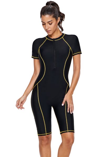 Lavinia Women's One Piece Short Sleeves Contoured Zip Front Wetsuit Swimsuit Black