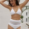 Lila Women's Mesh High Waist Tassel Halter Bikini Swimsuit Set White