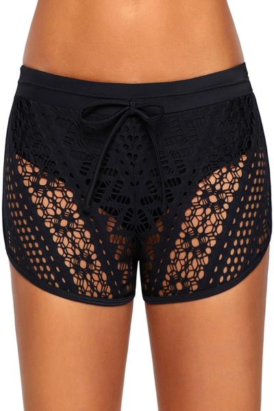 Mesa Womens Hollow Out Lace Side Split Waistband Swim Short Bottom Black