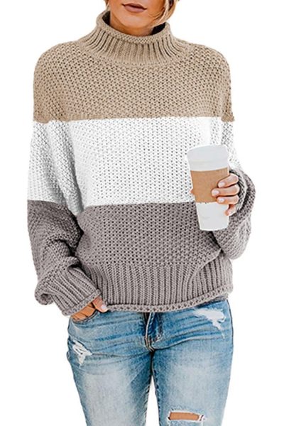 Rosario Women's Turtleneck Long Batwing Sleeve Oversized Chunky Sweater White