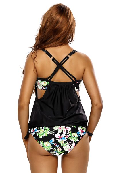 Marigold Women's Layered-Style Striped Tankini Swimwear with Triangular Briefs Grey