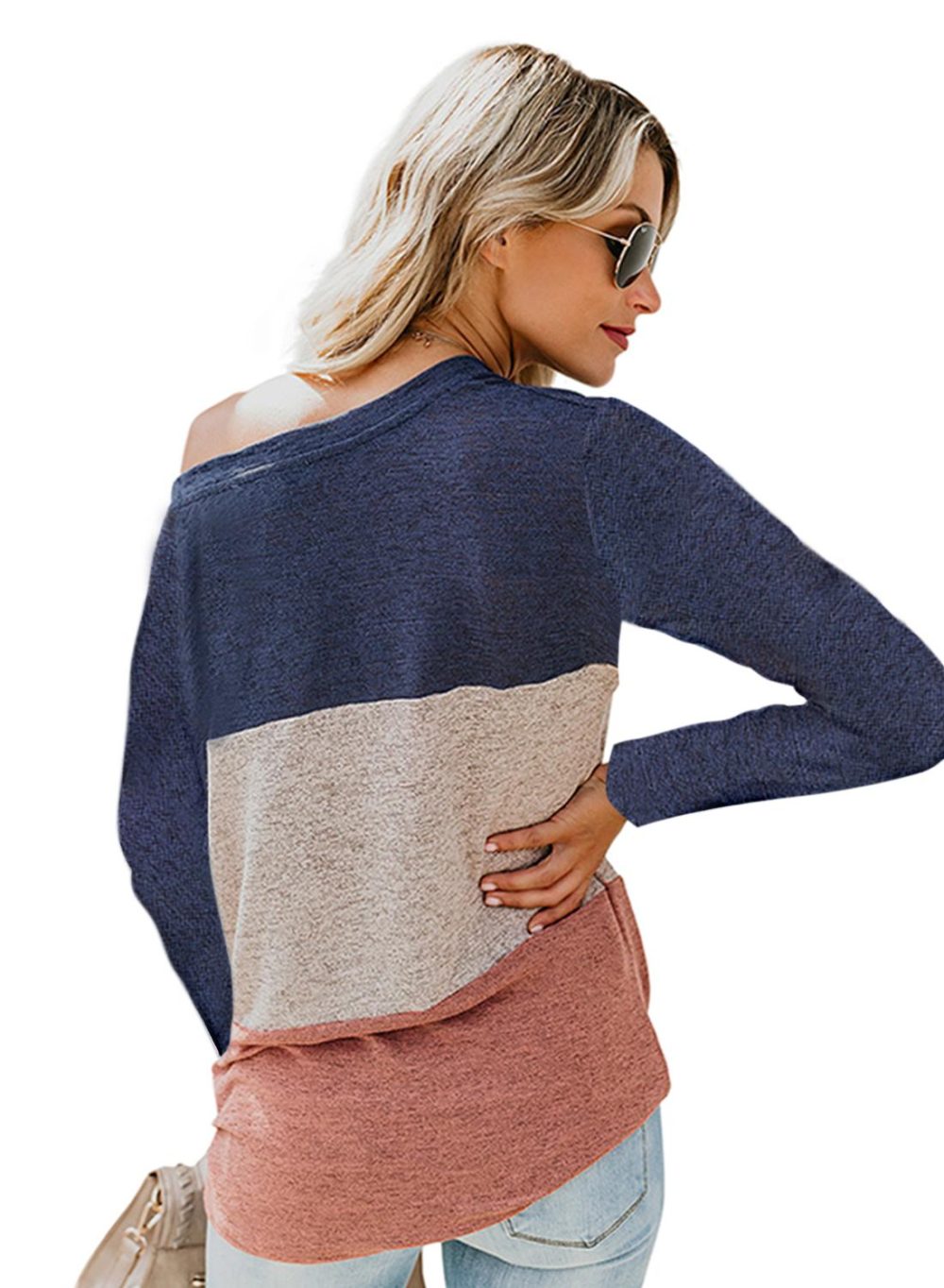 Tawni Women's Casual Color Block Crew Neck Loose Top Blue