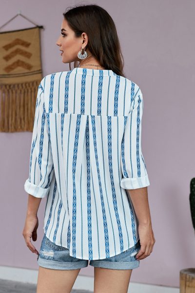 Isadora Women's V Neck Roll up Sleeve Button Down Blouses Tops Sky Blue