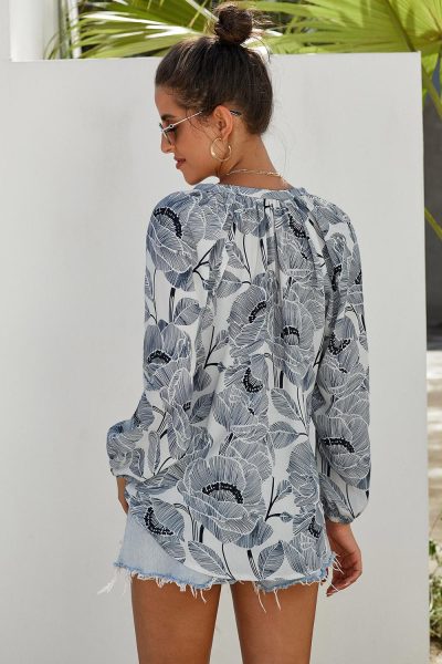 Arli Women's Floral Print Blouse Long Sleeve White