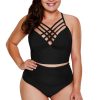 Ariah Women's Strappy Neck High Waist Plus Size Swimsuit Black