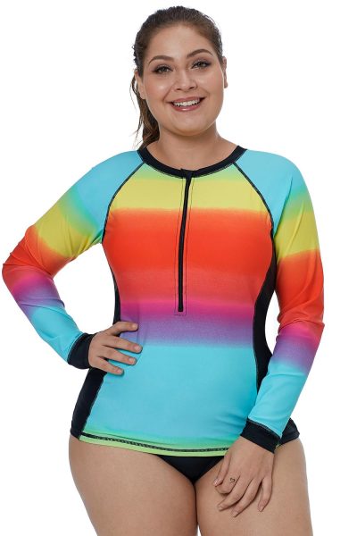 Isadora Women's Zip-Front Multicolor Striped Long Sleeve Tankini Rashguard Top
