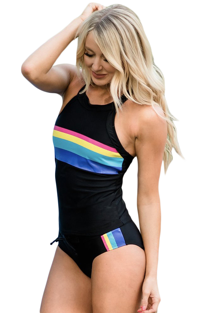 Blibea Womens Retro Stripes Halter Neck Sporty Tankini Set Boyshorts Swimsuits