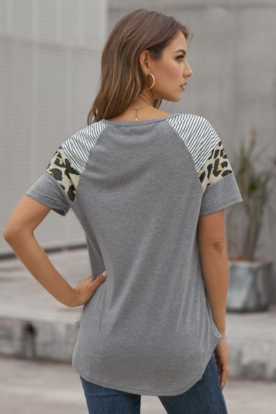 Allaire Women's Short Sleeve Striped Leopard Color Block T Shirt Tops Black