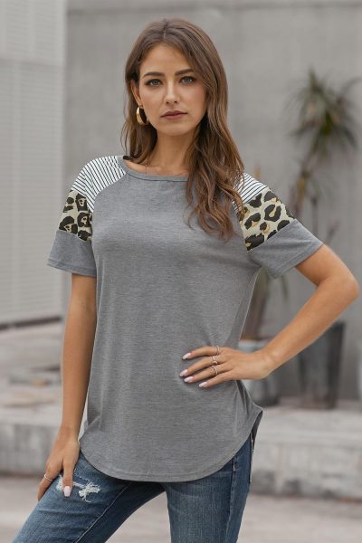 Allaire Women's Short Sleeve Striped Leopard Color Block T Shirt Tops Black