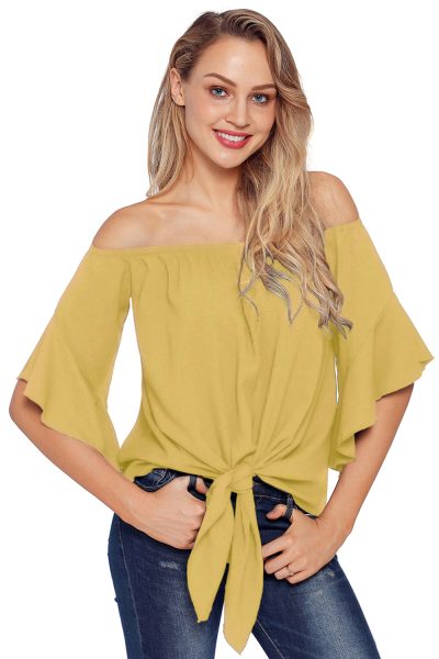 Hayden Women's 3/4 Bell Sleeve Off The Shoulder Front Tie Knot Tops Blouse White