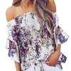 Letty Women's Off Shoulder Floral Print Tie 3/4 Sleeves Chiffon Blouse White