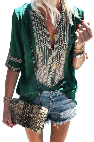 Milan Women Long Sleeve Boho Embroidered Shirt Tunic Tops Casual Blouses Black