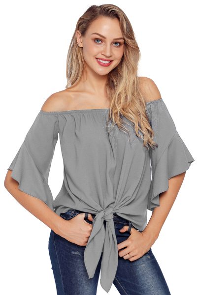 Hayden Women's 3/4 Bell Sleeve Off The Shoulder Front Tie Knot Tops Blouse White