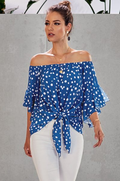 Tana Women's Off Shoulder Bell Sleeve Shirt Tie Knot Casual Blouses Tops White