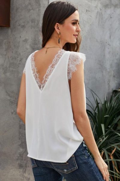 Tori Women V-Neck Sleeveless Lace Crochet Reversible Tank Top White