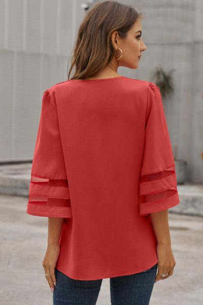 Zahara Sexy V Neck Flare Sleeve Loose Blouse Red