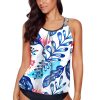 Gauzy Floral Print Criss Cross Hollow-out Tankini Swimwear Blue