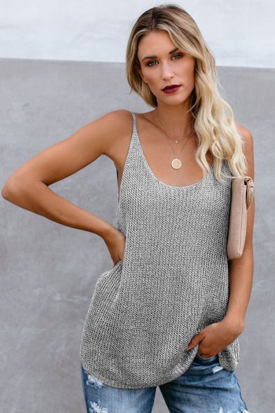 Vanna Summer O-Neck Sleeveless Relaxed Sheer Knit Cami Tank White