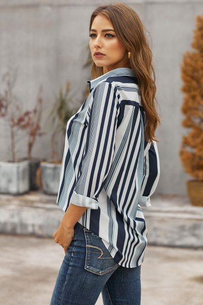 Nadia Women's V-Neck Long Sleeves White Navy Striped Shirt