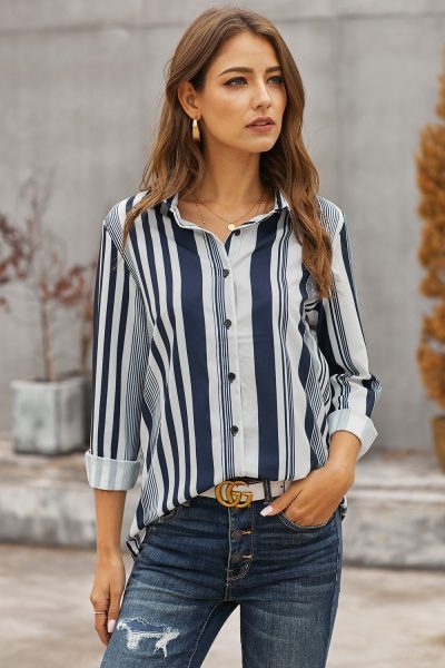 Nadia Women's V-Neck Long Sleeves White Navy Striped Shirt