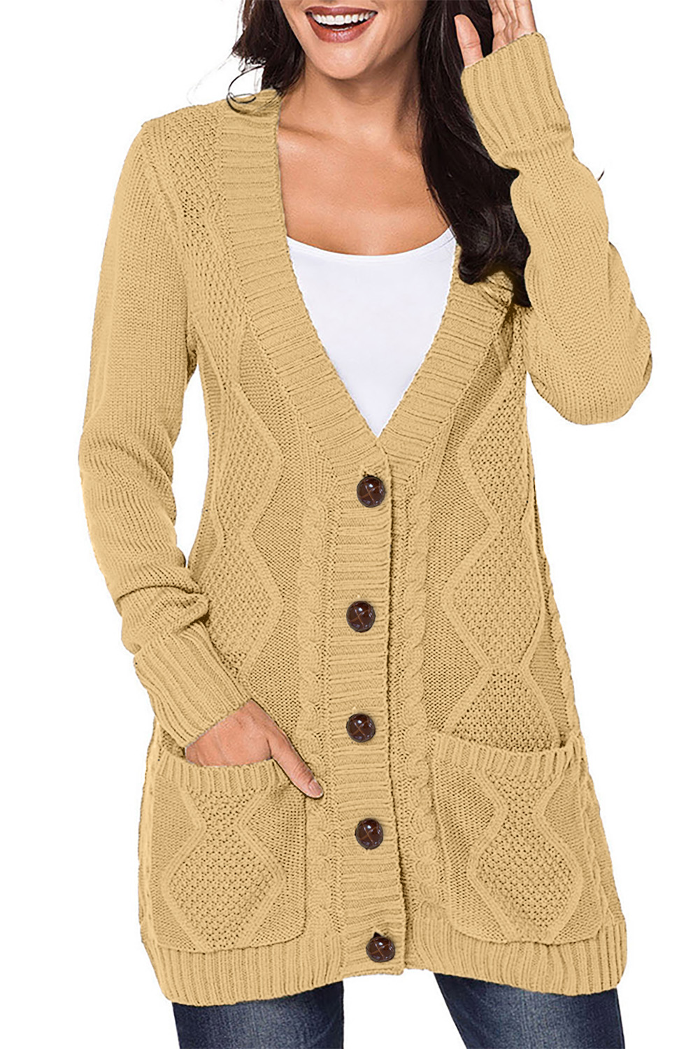 Hanna Women Front Button Down Long Sleeve Cardigan Sweater with Pockets