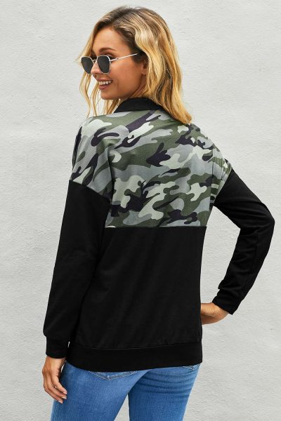 Alizeh Women's Camo Splice Black Kangaroo Pocket Zip Collar Sweatshirt