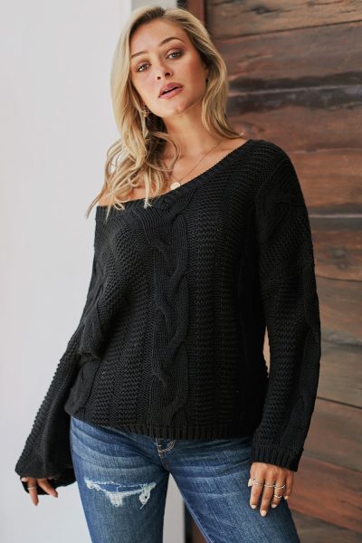 Corey Women's Bubblegum V-Neck Braided Knit Sweater Black