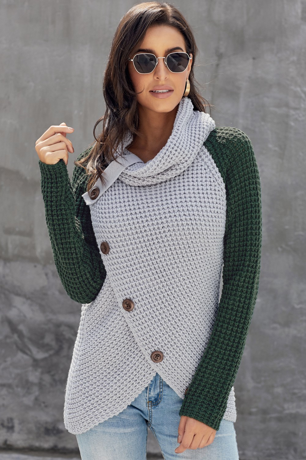 Lindsey Button Turtle Cowl Neck Asymmetric Hem Wrap Pullover Sweater ...