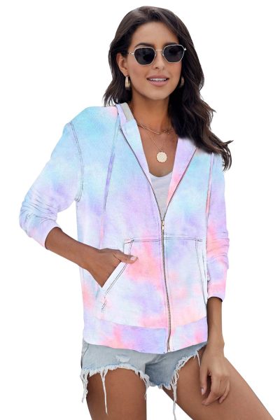 Neena Women's Tie Dye Pocket Zip Up Hoodie Sky Blue