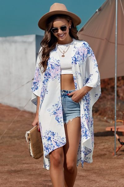 Irene Women Floral Kimono Sleeves Chiffon Loose Beach Cover Up White