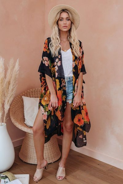 Judy Womens Kimono Sleeve Floral Print Graceful Cover Up