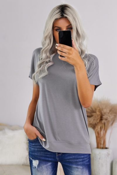 Adonia Women's Round Neck Short Sleeve Solid Color Tee Gray