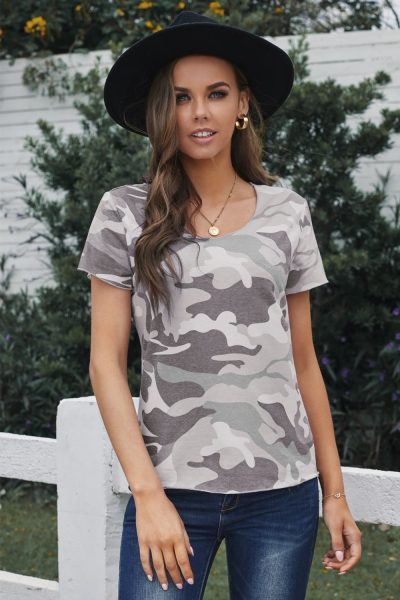 Agnes Women Camouflage Print Short Sleeve Tee Gray