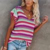 Anna Women Striped Ruffle Short Sleeve Knit Top Pink