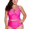 Ariah Women's Strappy Neck High Waist Plus Size Swimsuit Rosy