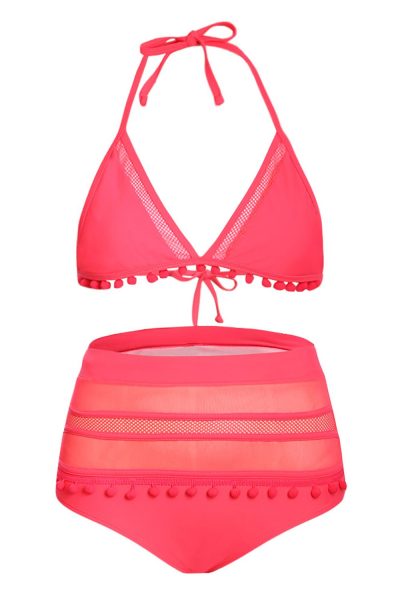 Josie Womens Rosy Pom Pom Mesh Insert High Waist Bikini