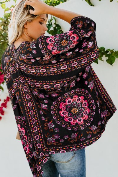 Shirley Women's Floral Kimono Cardigan Open Front Cover Up Black