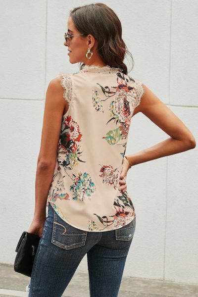 Wilhelmina Women V Neck Lace Trim Floral Tank Apricot