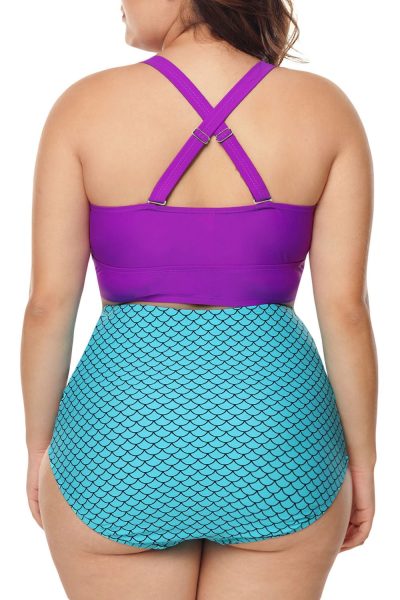 Bonita Women Plus Size Purple & Blue Scalloped Detail High Waist Swimsuit