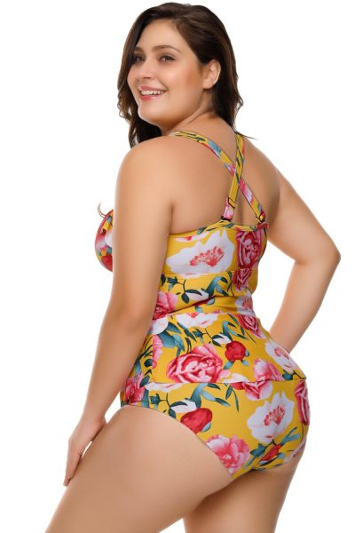 Brigitte Women's Plus Size Floral Print Crisscross Detail Teddy Swimsuit
