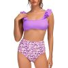 Bess Women's Ruffled Shoulder Printed Bottom High Waist Bikini
