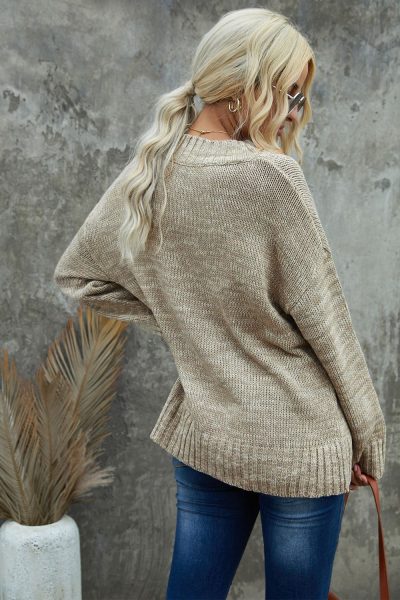 Dalila Womens Knitted Sweater V Neck Khaki Drop Shoulder