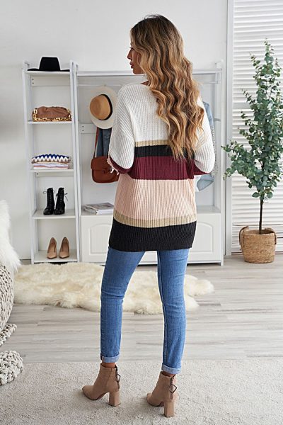 Kayla Womens Colorblock V Neck Ribbed Knitted Sweater Khaki