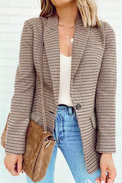 Nina Womens Plaid Print Lapel Collar Buttoned Blazer Khaki