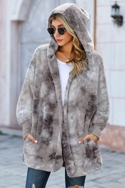 Nora Womens Tie Dye Soft Fleece Hooded Open Front Coat Gray