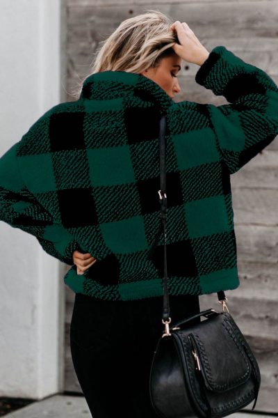 Ophelia Women's Plaid Zip Collar Plush Pullover Sweatshirt Green