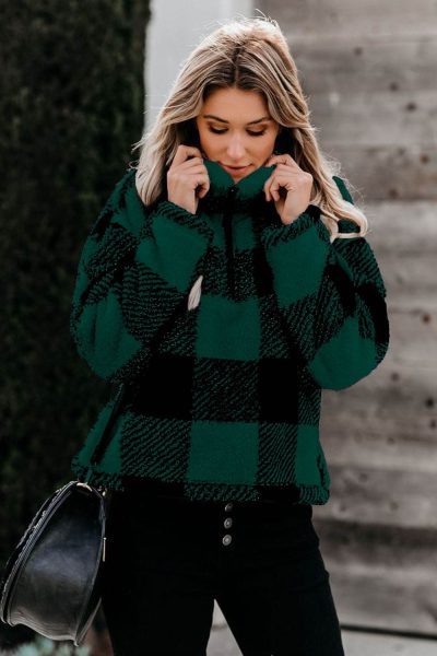 Ophelia Women's Plaid Zip Collar Plush Pullover Sweatshirt Green